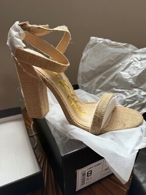Cape Robbin Tan Woven Ankle-Strap Block Heel Sandals